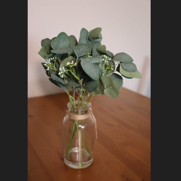 Artificial Eucalyptus in Glass Vase with White Buds Rustic Farmhouse Decor - Picture 7 of 8